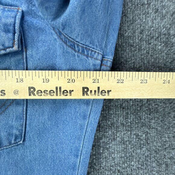 Wrangler Pearl Snap Denim Shirt Mens Medium Blue Western Cowboy Rodeo Raw Hem - Picture 13 of 16